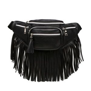 Black Vegan Leather Fanny Pack with Long Fringe